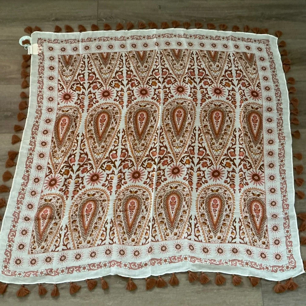Spartina 449 Scarf Womens White Brown Paisley Tassel Trim Square Lightweight